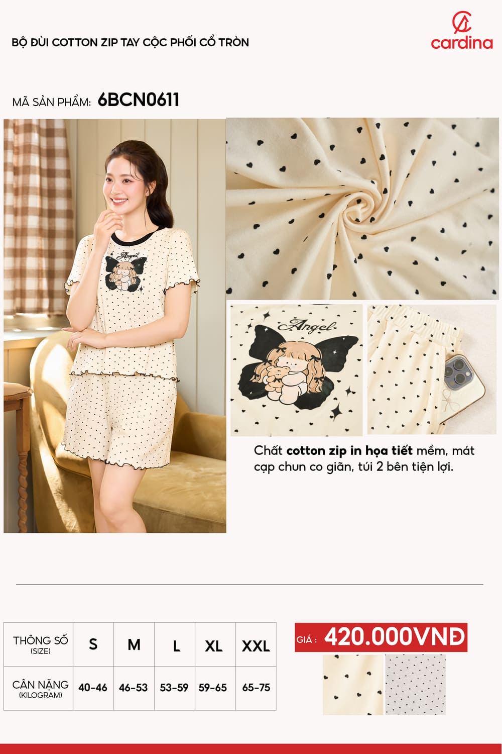 Bộ đùi Cotton Zip in họa tiết cổ tròn gấu bèo