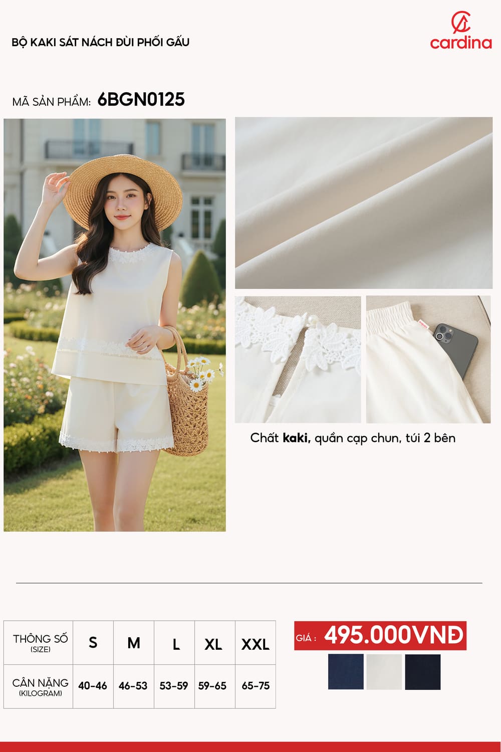 Bộ mặc nhà nữ vải Kaki sát nách đùi phối gấu ren