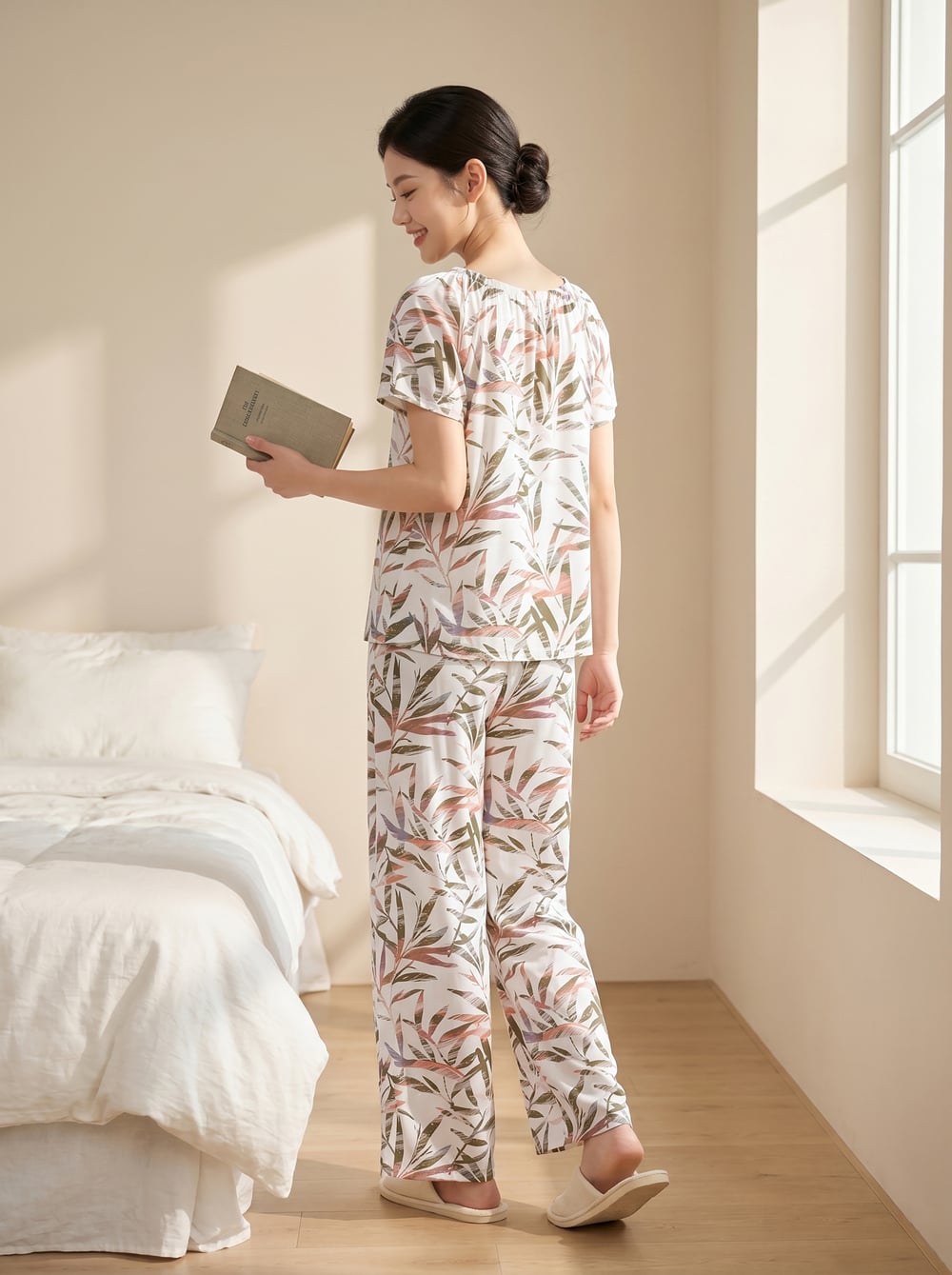 Bộ lanh áo cộc quần dài cổ V nhún