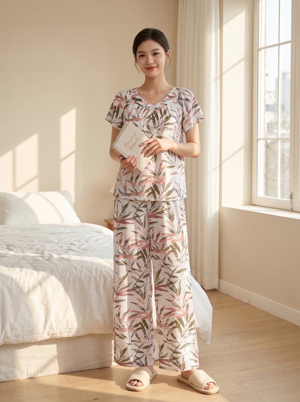 Bộ lanh áo cộc quần dài cổ V nhún