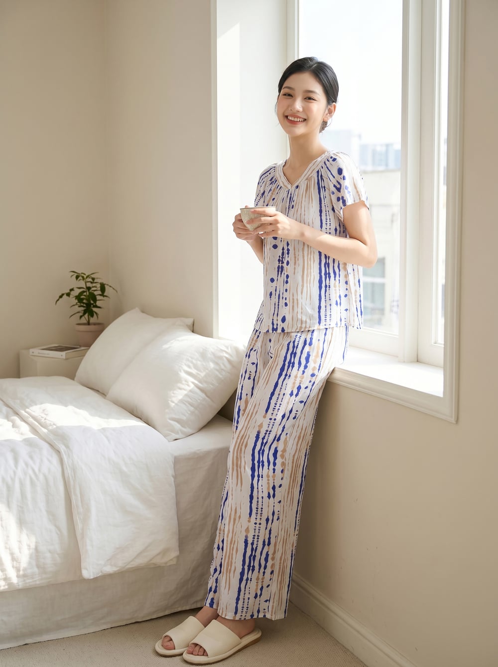 Bộ lanh áo cộc quần dài cổ V nhún