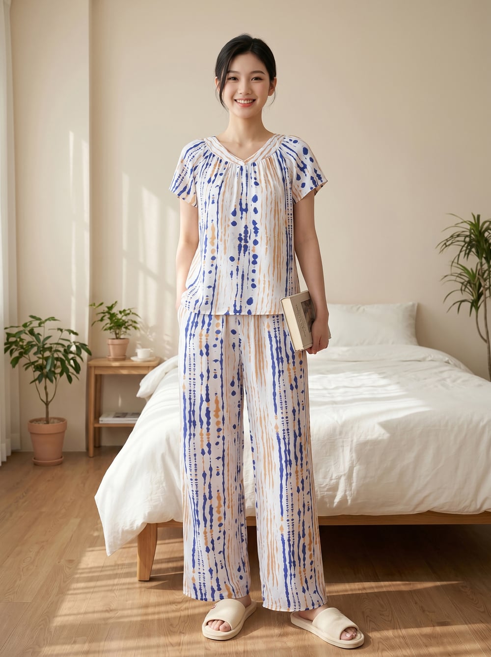Bộ lanh áo cộc quần dài cổ V nhún