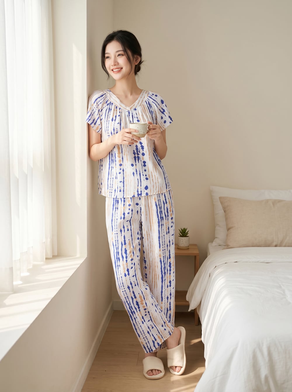 Bộ lanh áo cộc quần dài cổ V nhún