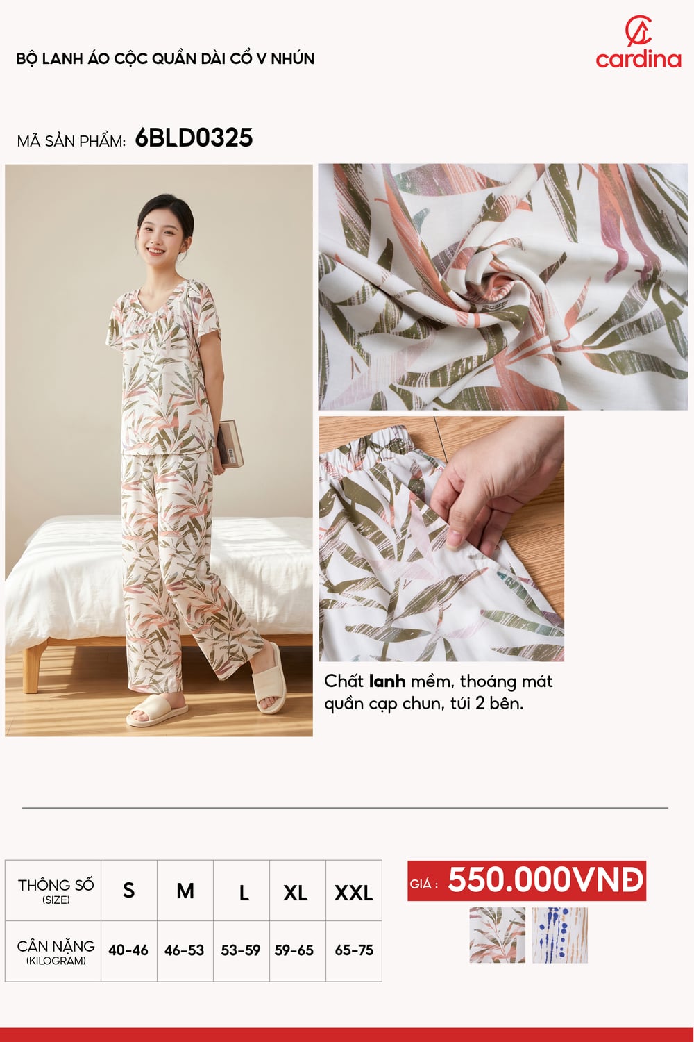 Bộ lanh áo cộc quần dài cổ V nhún