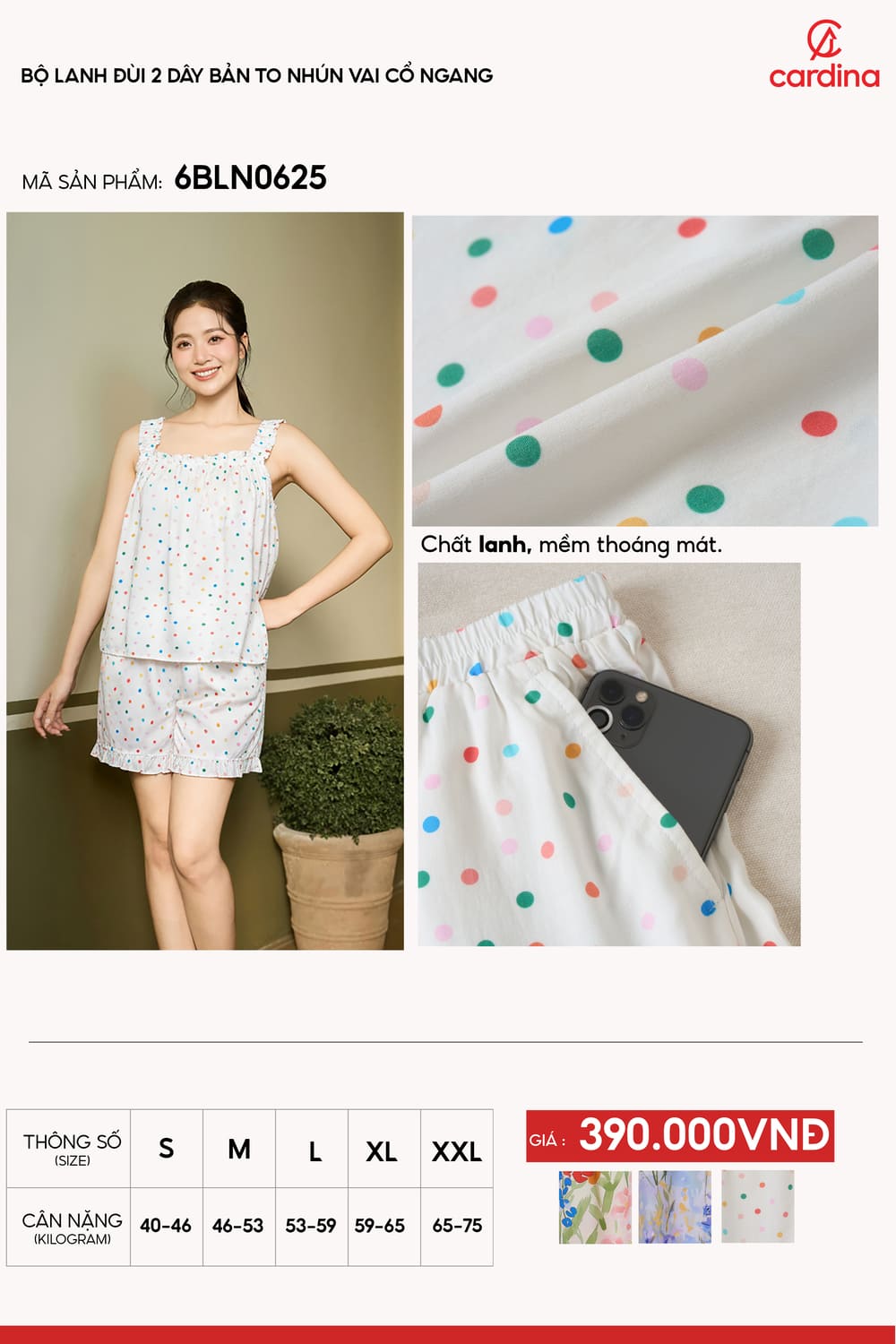 Bộ lanh đùi 2 dây bản to nhún vai cổ ngang họa tiết chấm bi