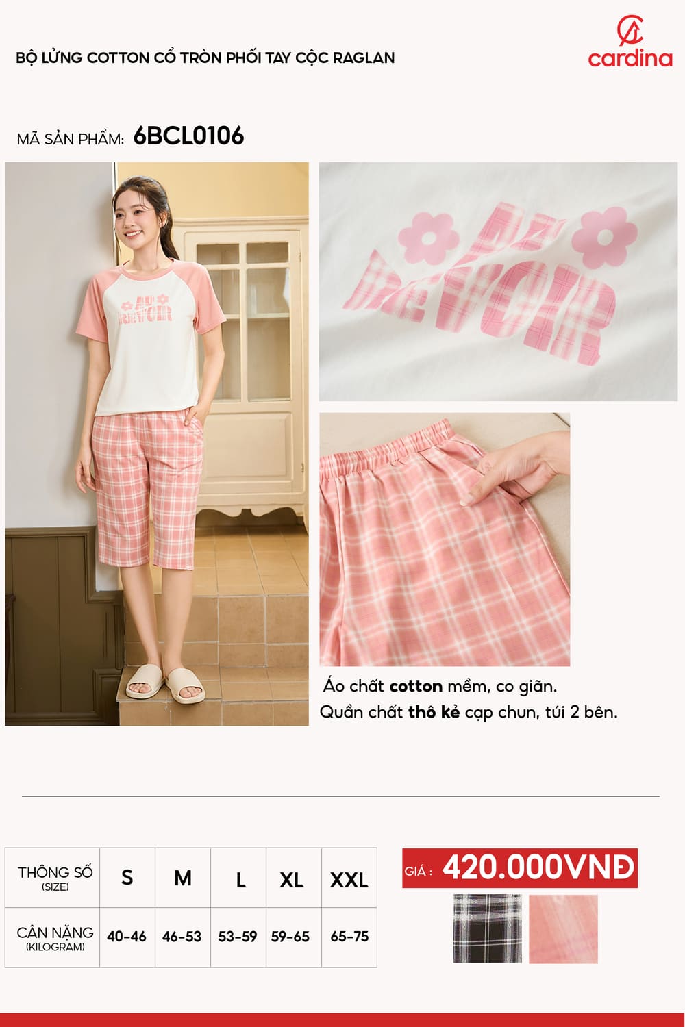 Bộ đồ lửng Cotton phối tay cộc Raglan họa tiết kẻ