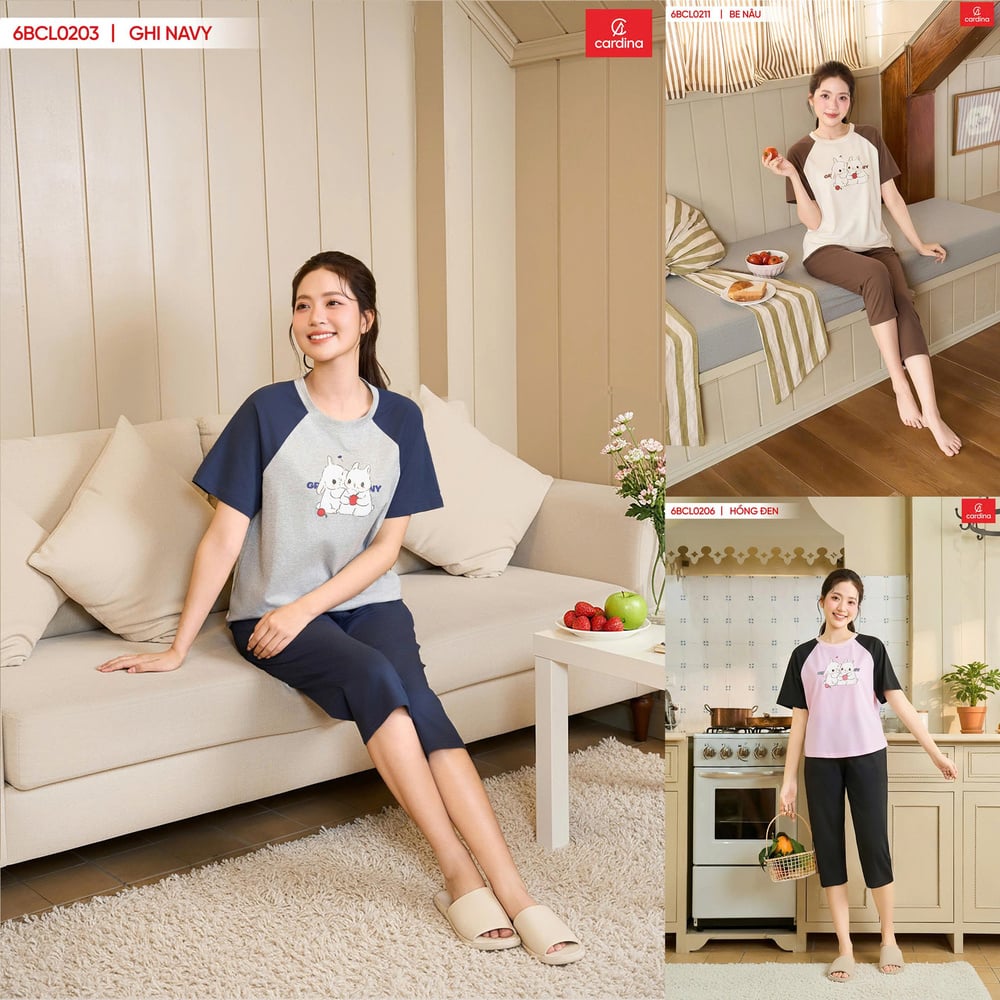 Bộ đồ cotton lửng cổ tròn phối tay Raglan họa tiết hoạt hình
