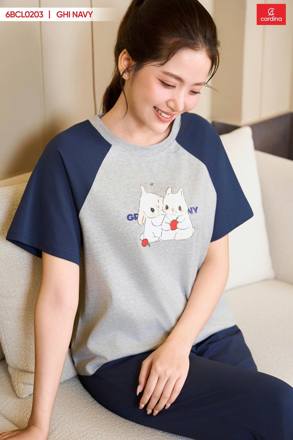 Bộ đồ cotton lửng cổ tròn phối tay Raglan họa tiết hoạt hình