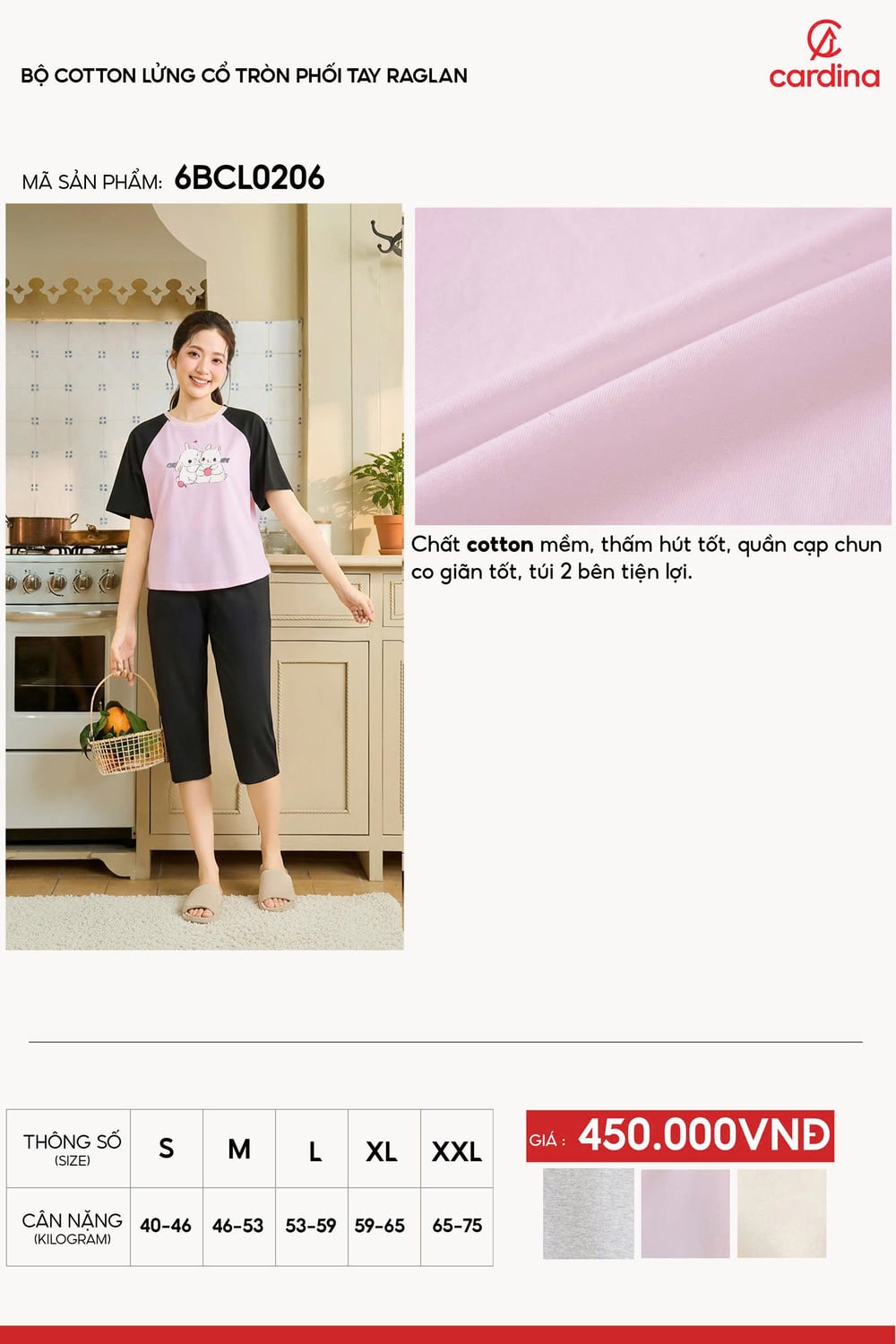 Bộ đồ cotton lửng cổ tròn phối tay Raglan họa tiết hoạt hình