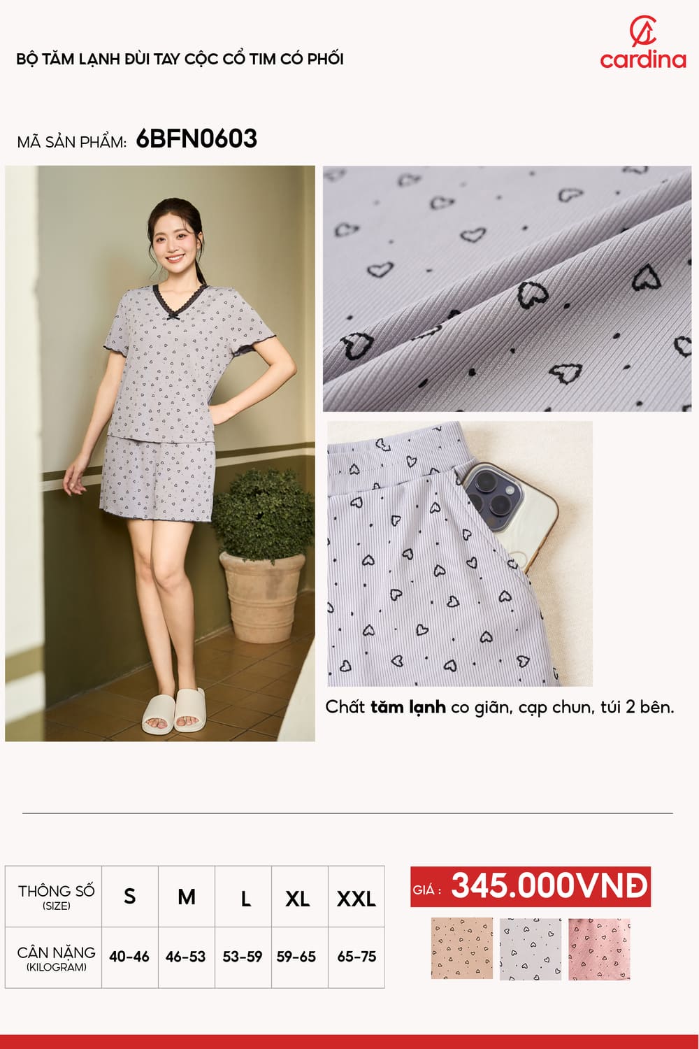 Bộ đồ nữ tăm lạnh đùi tay cộc cổ tim họa tiết tim nhí