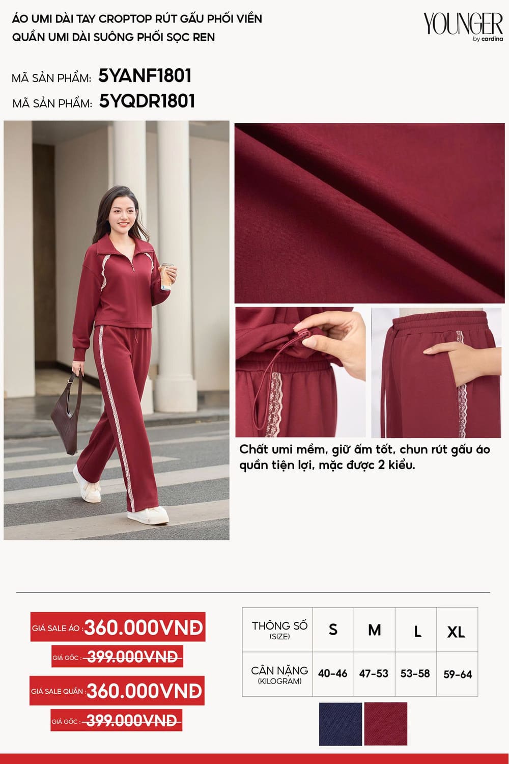 Quần dài suông phối sọc ren chất umi cao cấp