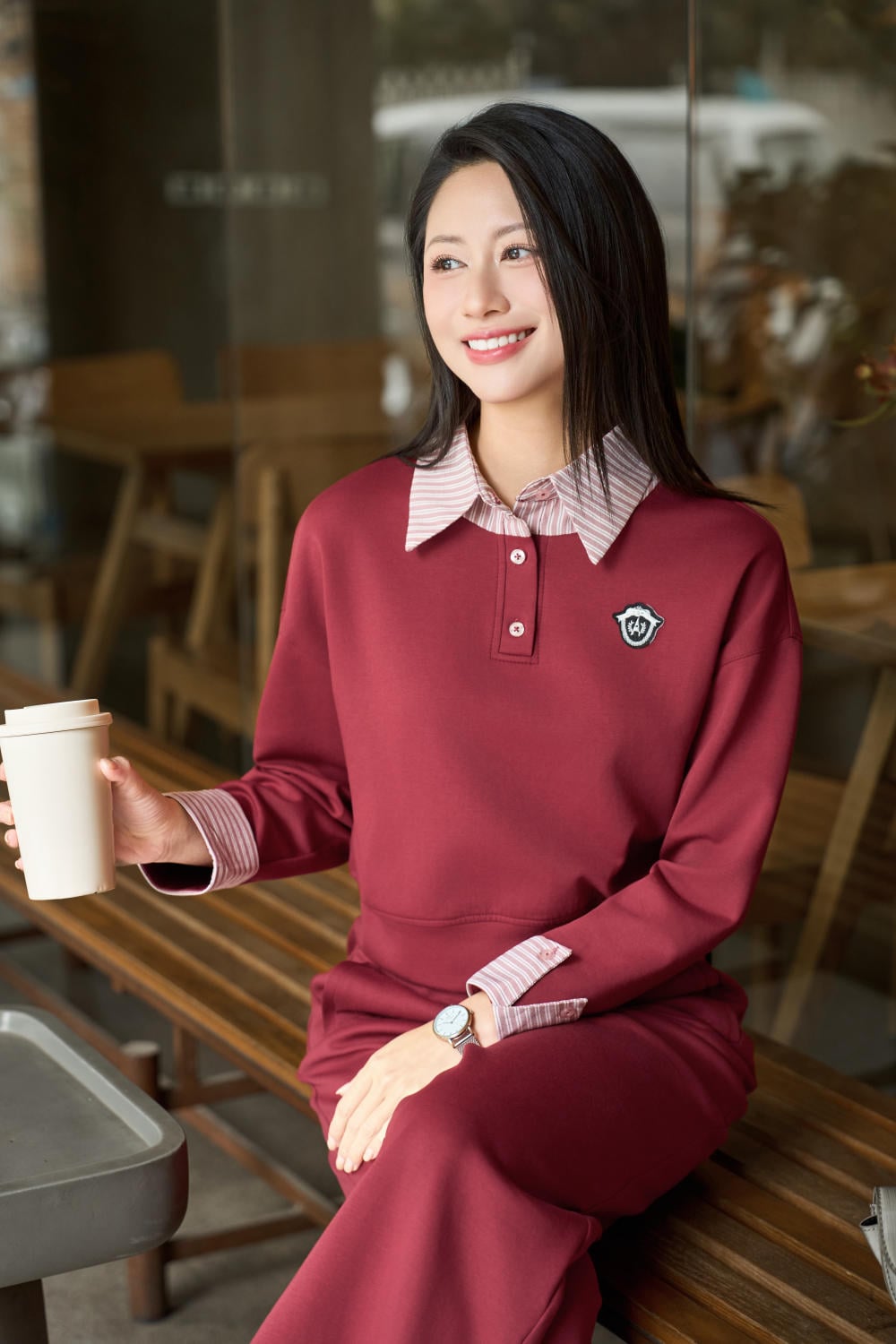 Áo Umi Mềm Mại Phối Cổ Sơ Mi Dài Tay Bo Gấu