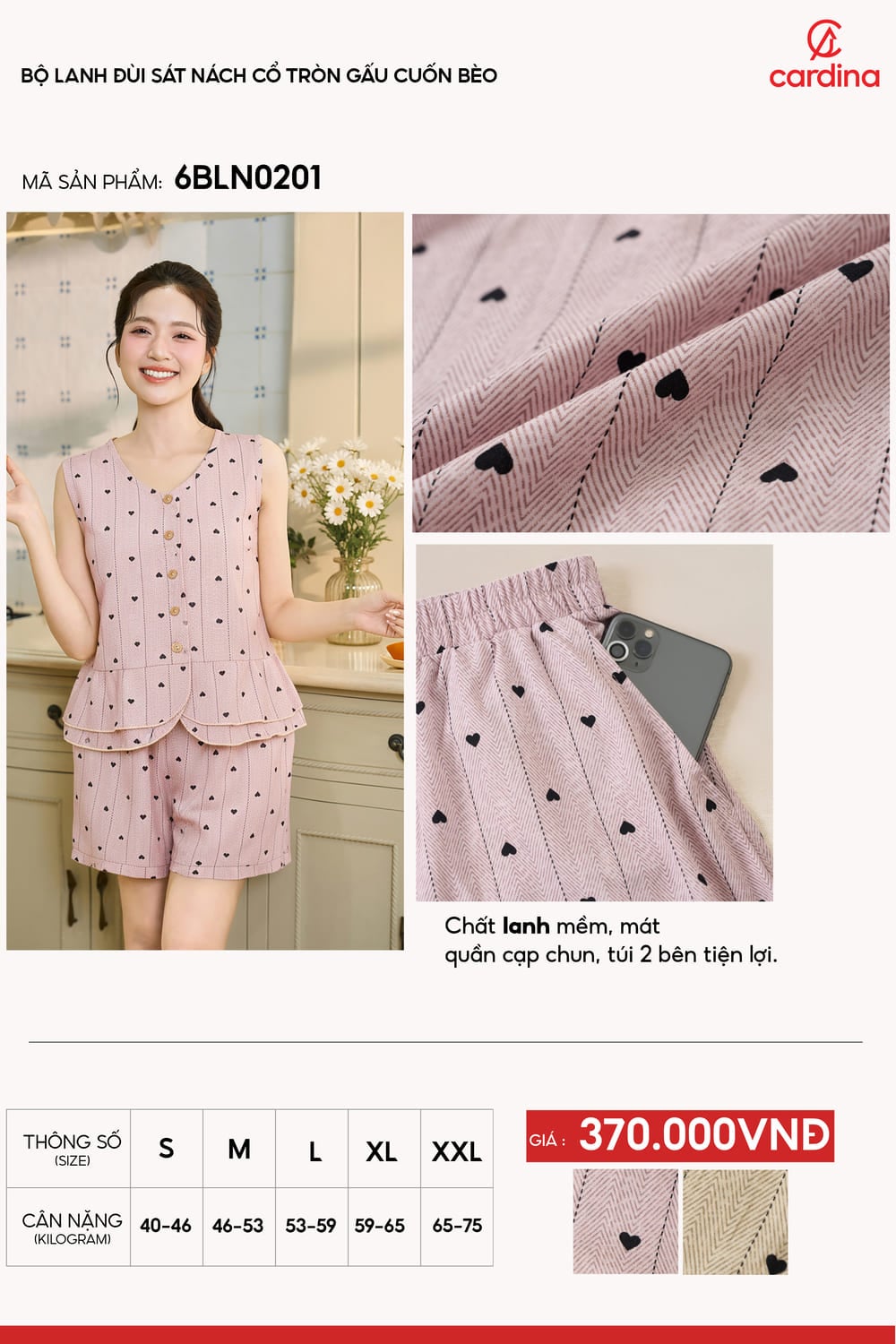 Bộ đồ lanh đùi sát nách cổ tròn gấu cuốn bèo họa tiết tim