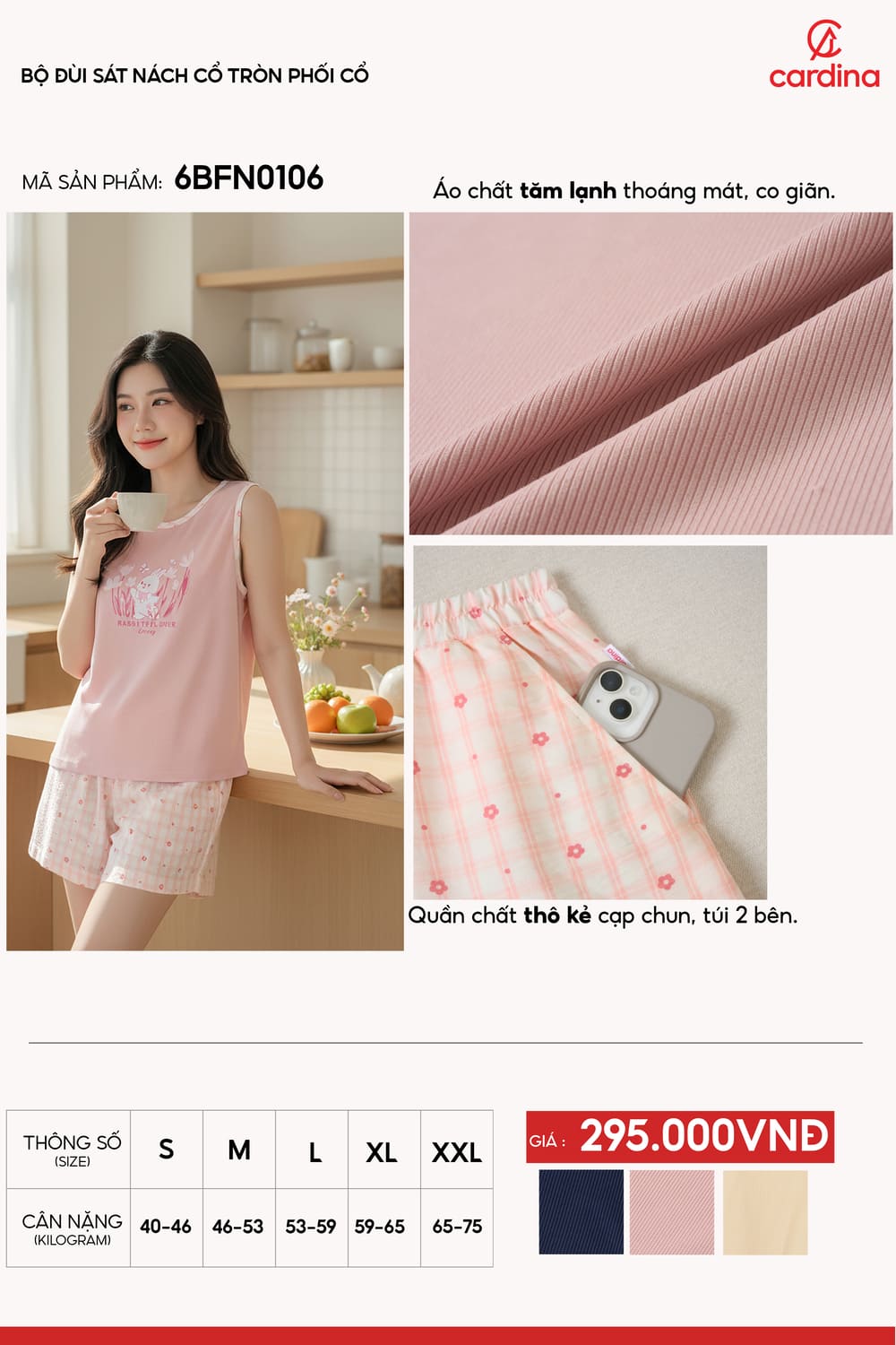 Bộ đồ nữ vải Tăm lạnh sát nách cổ tròn phối quần thô kẻ