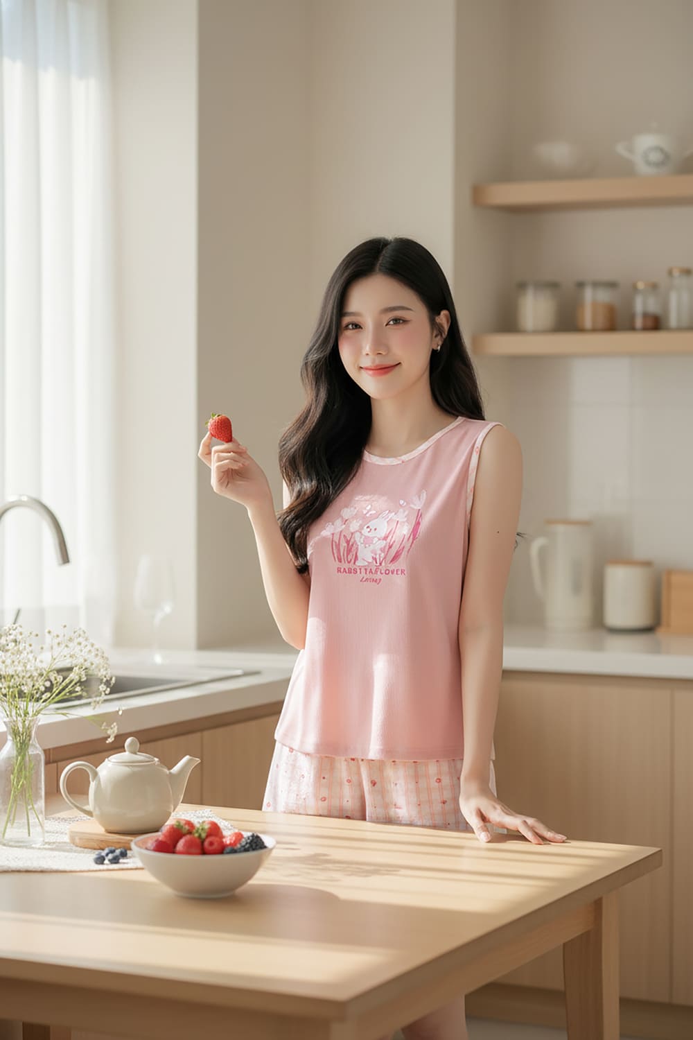 Bộ đồ nữ vải Tăm lạnh sát nách cổ tròn phối quần thô kẻ