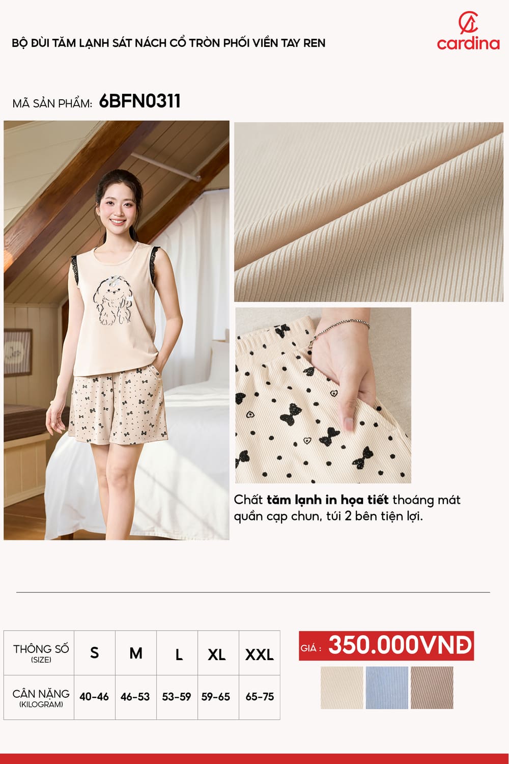 Bộ đồ đùi tăm lạnh sát nách cổ tròn phối viền ren họa tiết cún