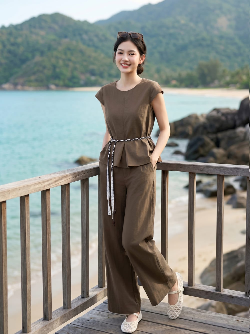Bộ thô áo đũi tay hến peplum phối quần suông