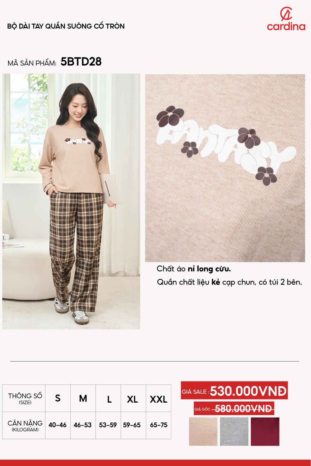 Bộ dài tay thu đông áo nỉ lông cừu phối quần kẻ suông