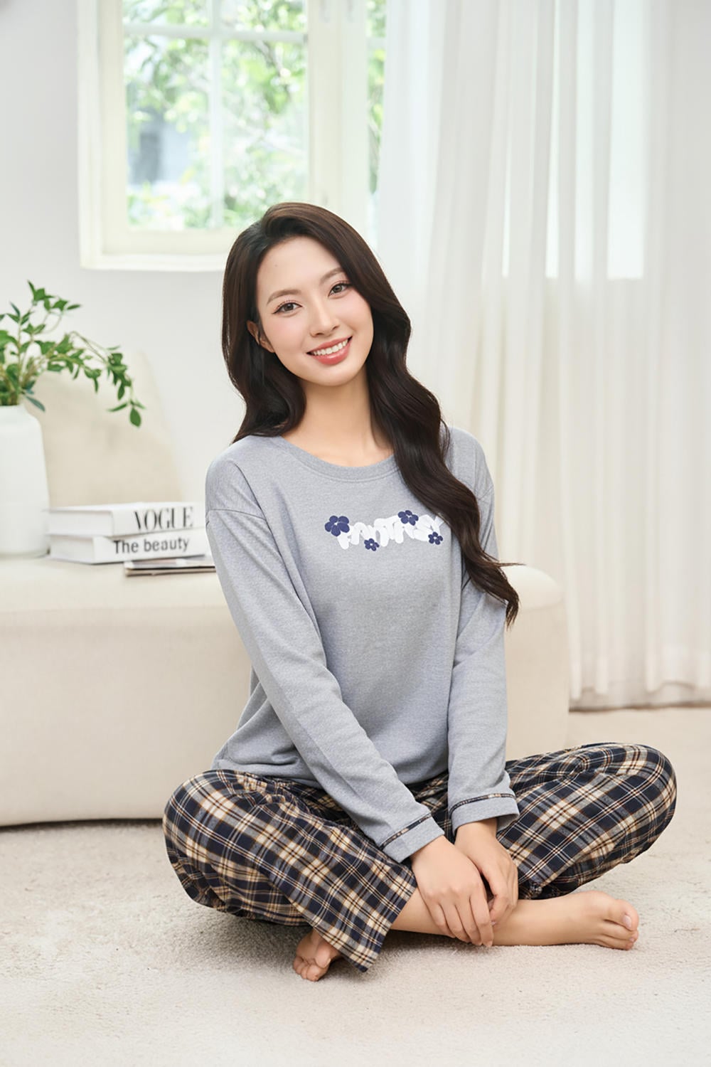 Bộ dài tay thu đông áo nỉ lông cừu phối quần kẻ suông