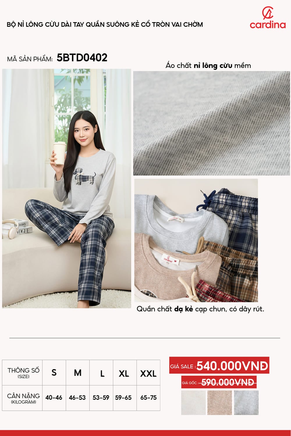 Bộ nỉ lông cừu dài tay cổ tròn vai chờm phối quần suông dạ kẻ