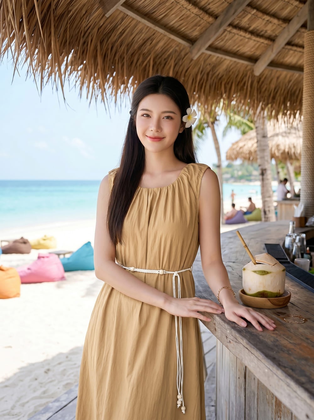 Đầm suông vải thô gió dáng dài sát nách cổ nhún kèm đai