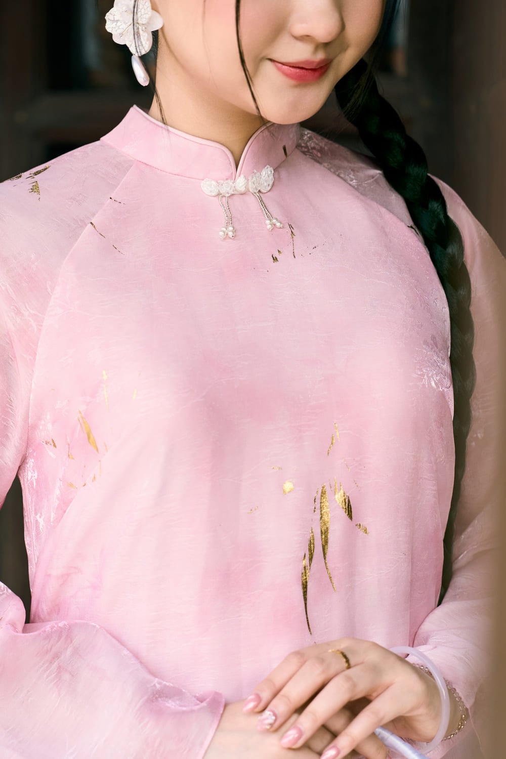 Áo dài Xuân An chất tơ in 3D Trúc Nhũ có lót chiffon