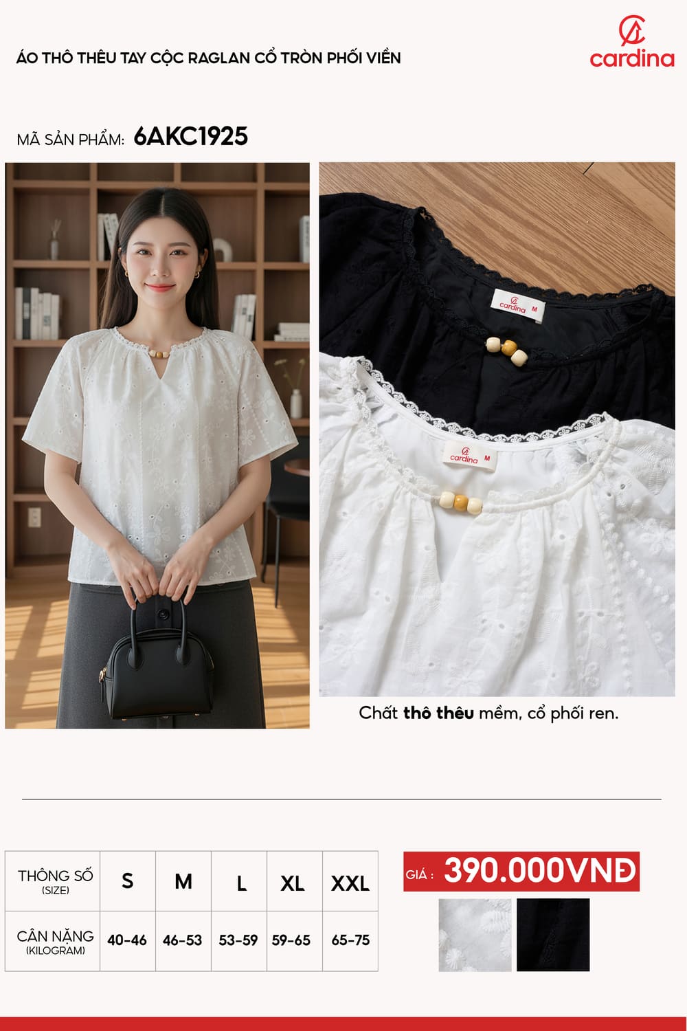 Áo thô nữ thêu tay cộc Raglan cổ tròn phối viền