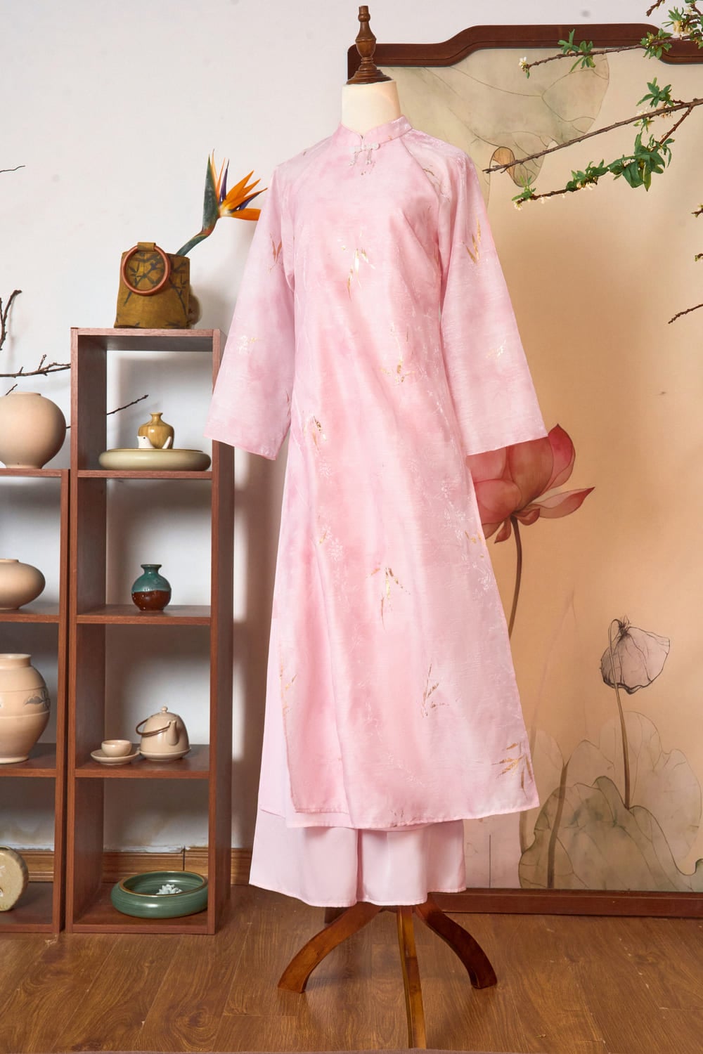 Áo dài Xuân An chất tơ in 3D Trúc Nhũ có lót chiffon