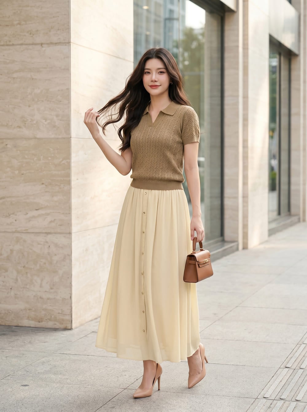 Chân váy chifon maxi có nẹp trước trang trí