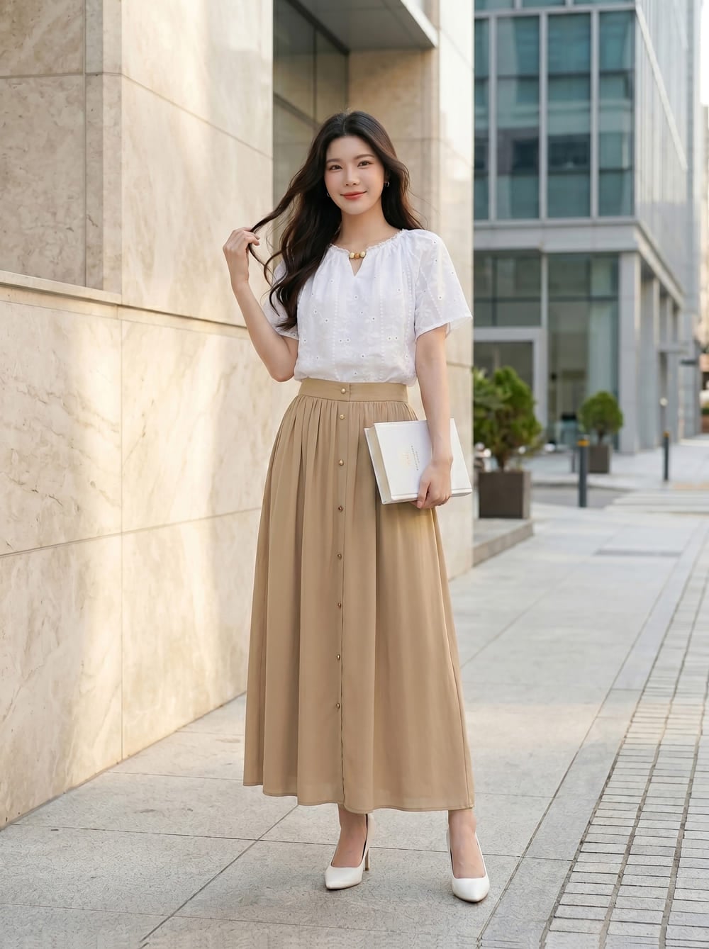 Chân váy chifon maxi có nẹp trước trang trí