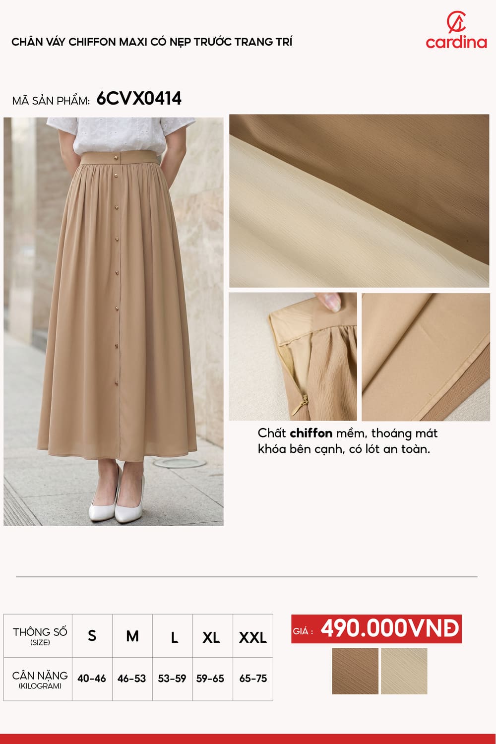 Chân váy chifon maxi có nẹp trước trang trí