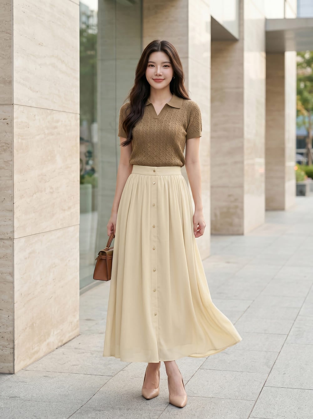 Chân váy chifon maxi có nẹp trước trang trí