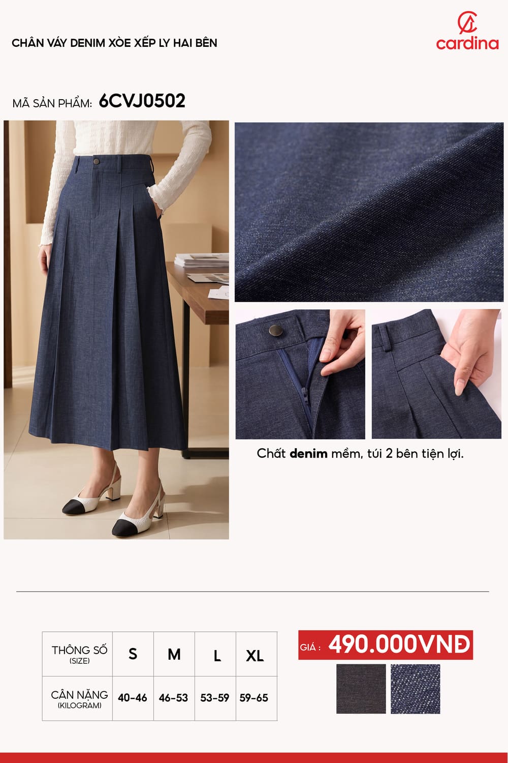 Chân váy denim xòe xếp ly hai bên