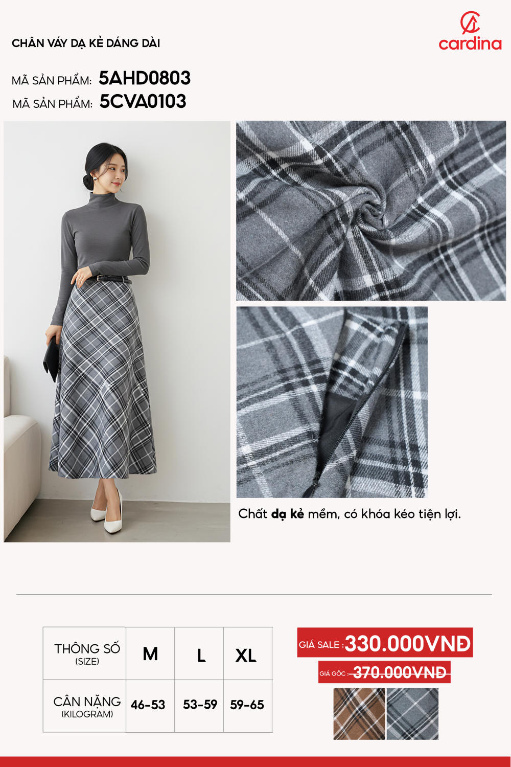 Chân váy dạ kẻ dáng dài thiết kế khóa kéo tinh tế