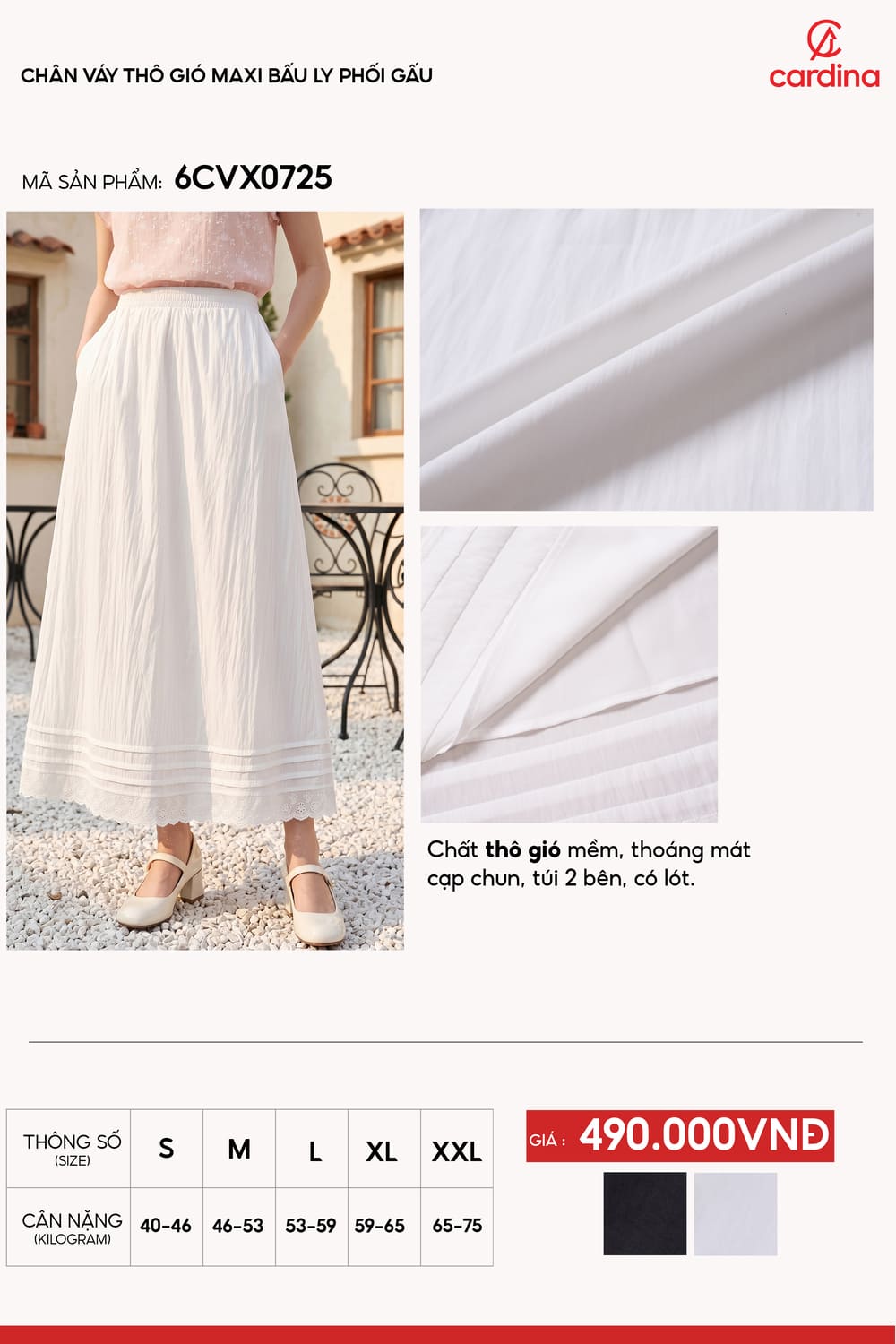 Chân váy thô gió maxi bấu ly phối gấu