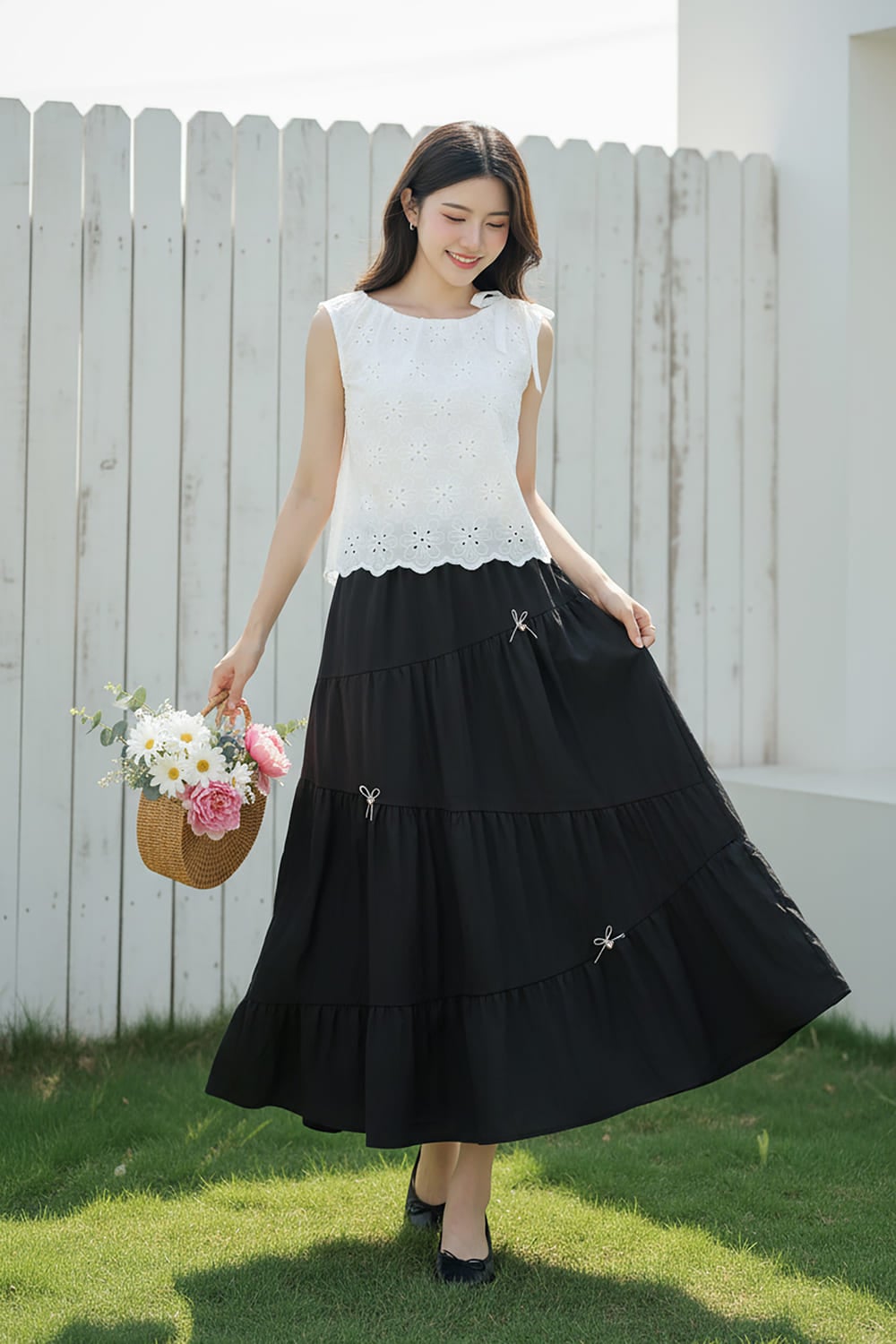 Chân váy Maxi vải thô gió nhún tầng kiểu lệch cạp chun