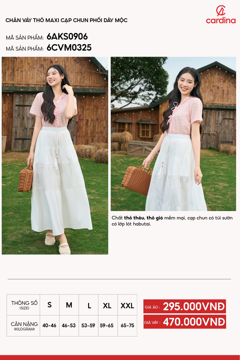 Chân váy Maxi thô thêu cạp chun phối dây mộc tinh tế
