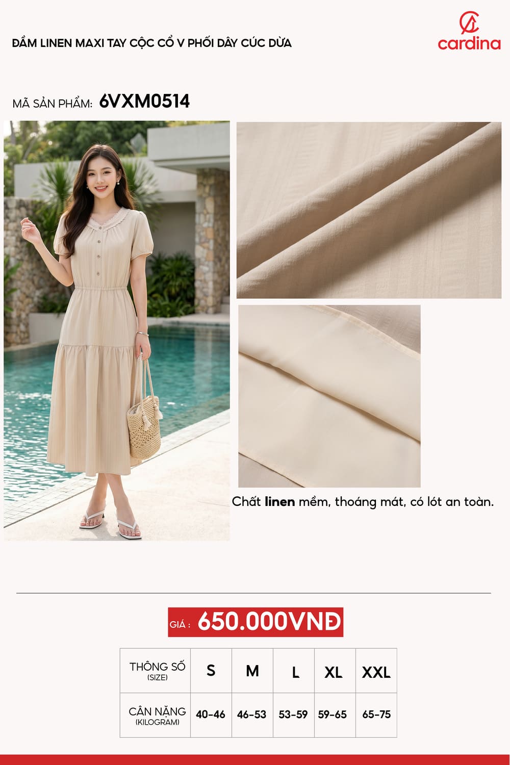 Đầm nilen maxi tay cộc cổ V phối dây cúc dừa