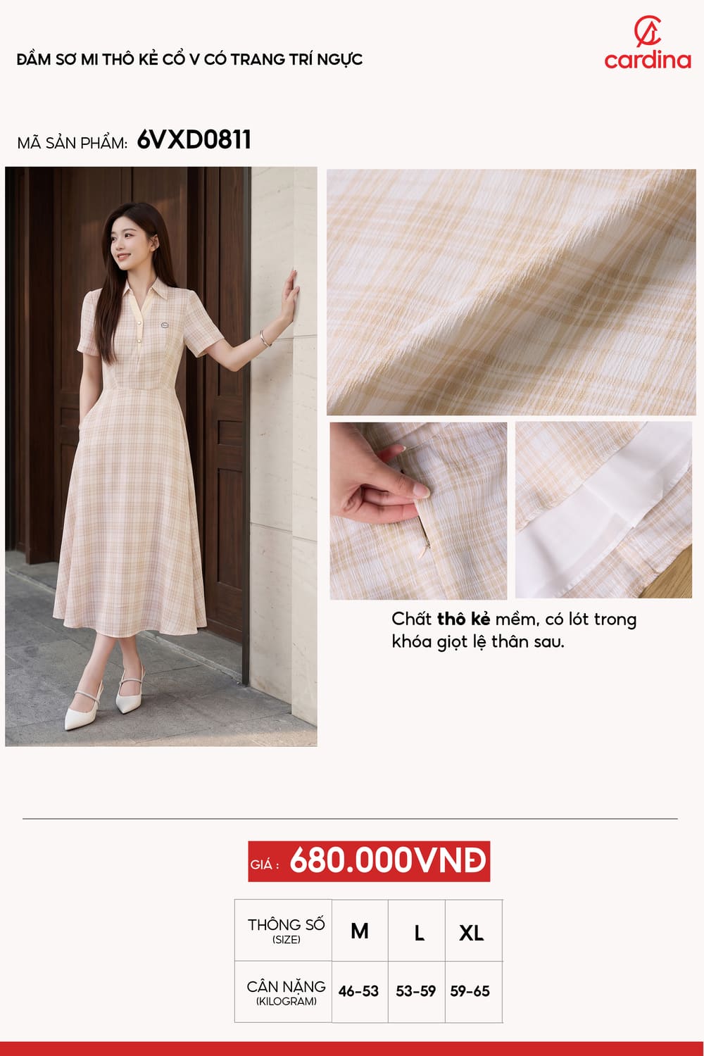 Đầm sơ mi thô kẻ cổ v có trang trí ngực