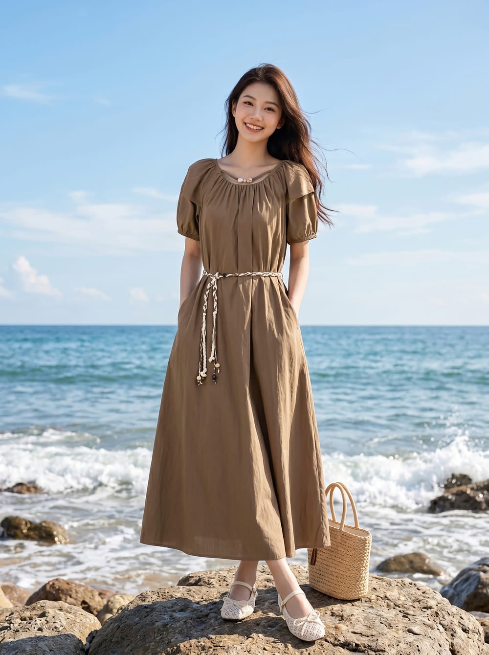 Đầm dài tay cộc mix thắt lưng