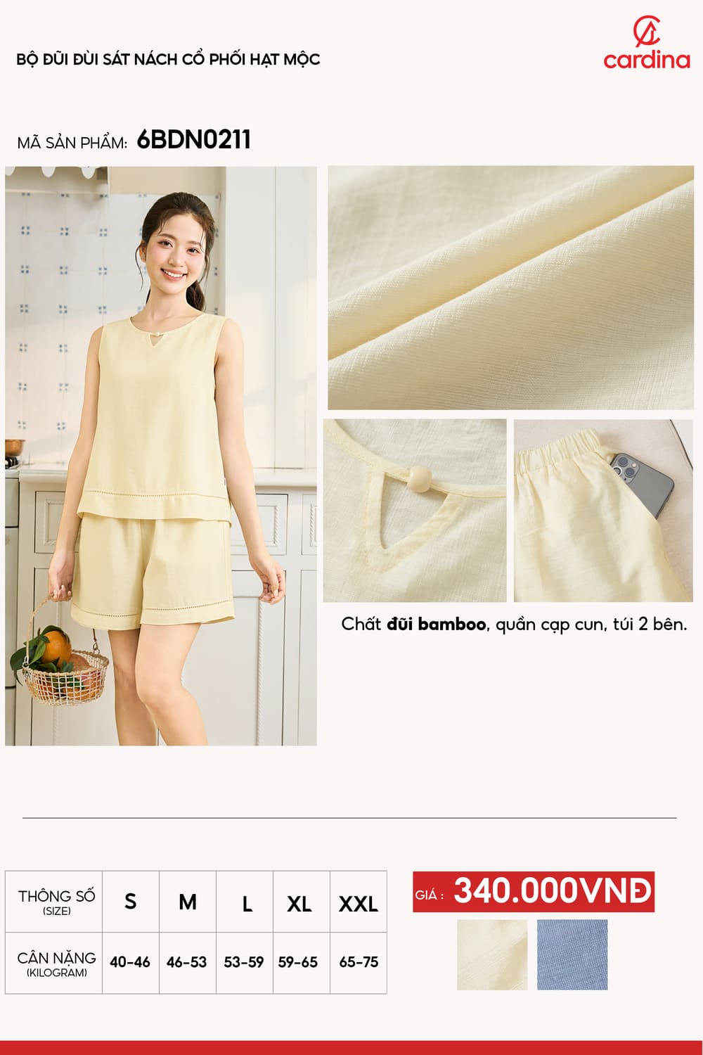 Bộ đồ đùi nữ vải đũi bamboo sát nách cổ phối hạt mộc