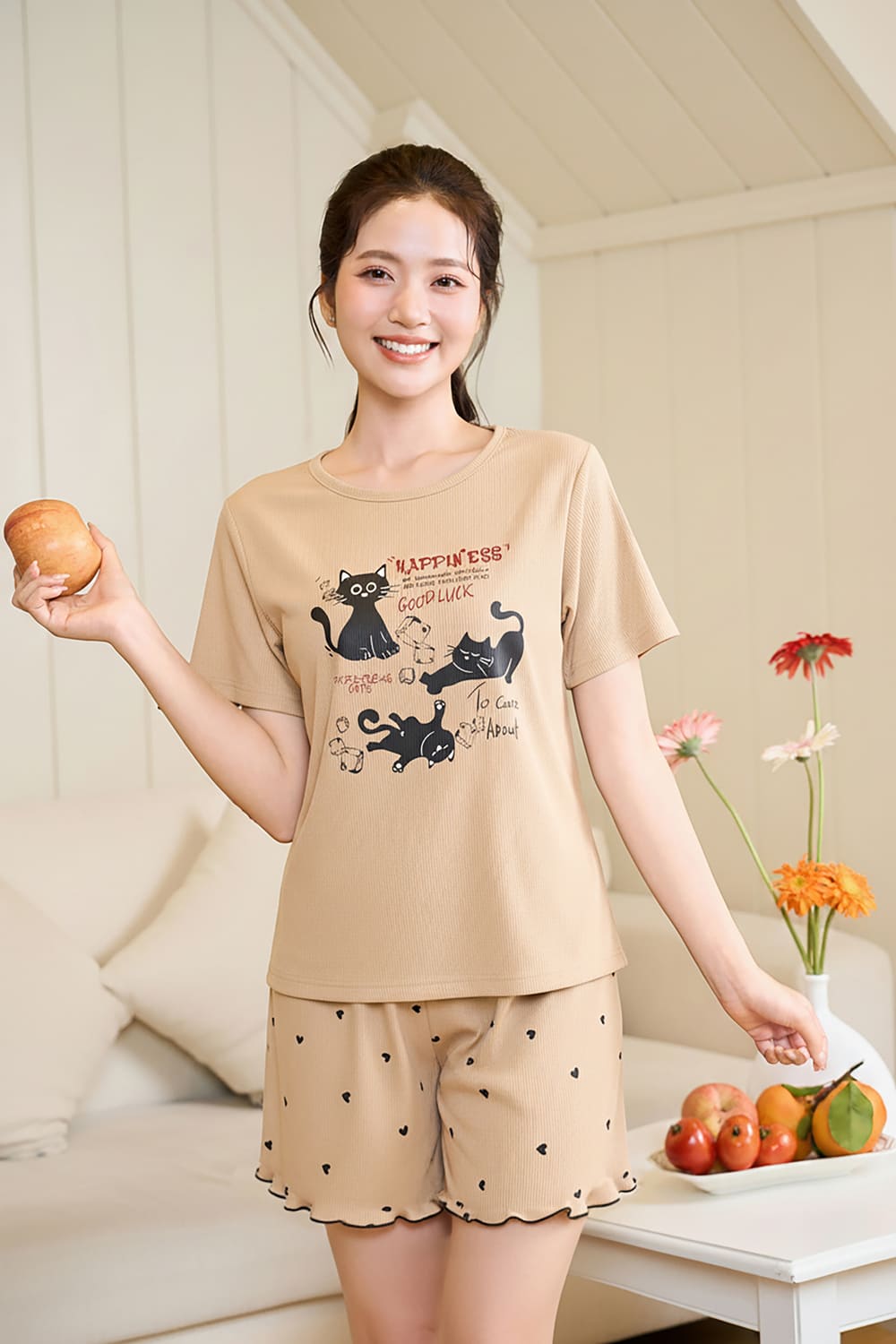 Bộ tăm lạnh đùi tay cộc cổ tròn in hình Paperbag Cats