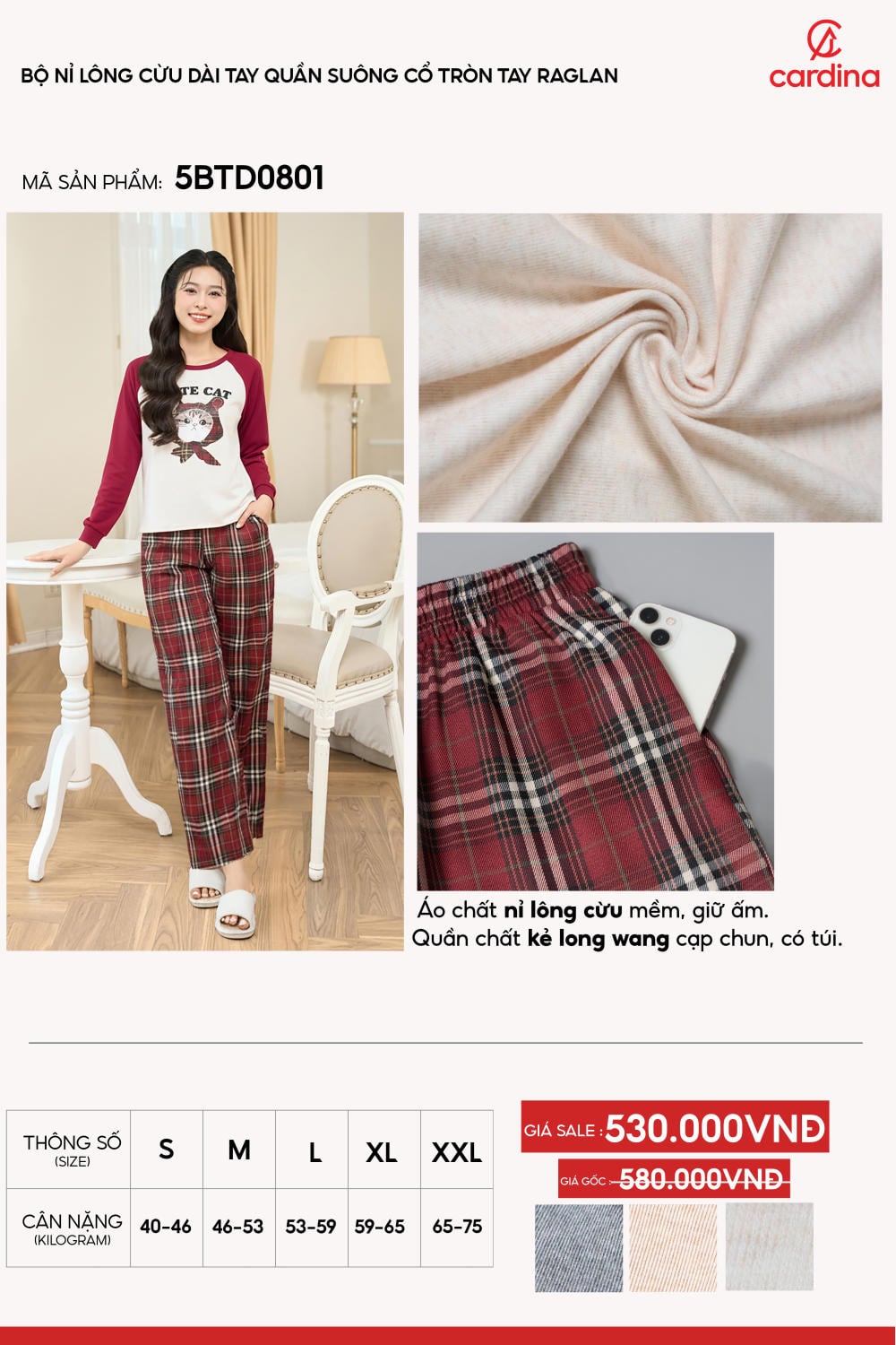 Bộ nỉ lông cừu dài tay phối quần suông kẻ Long Wang năng động