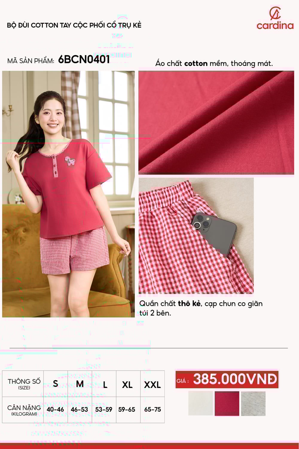 Bộ đồ nữ Cotton phối cổ trụ kẻ trẻ trung