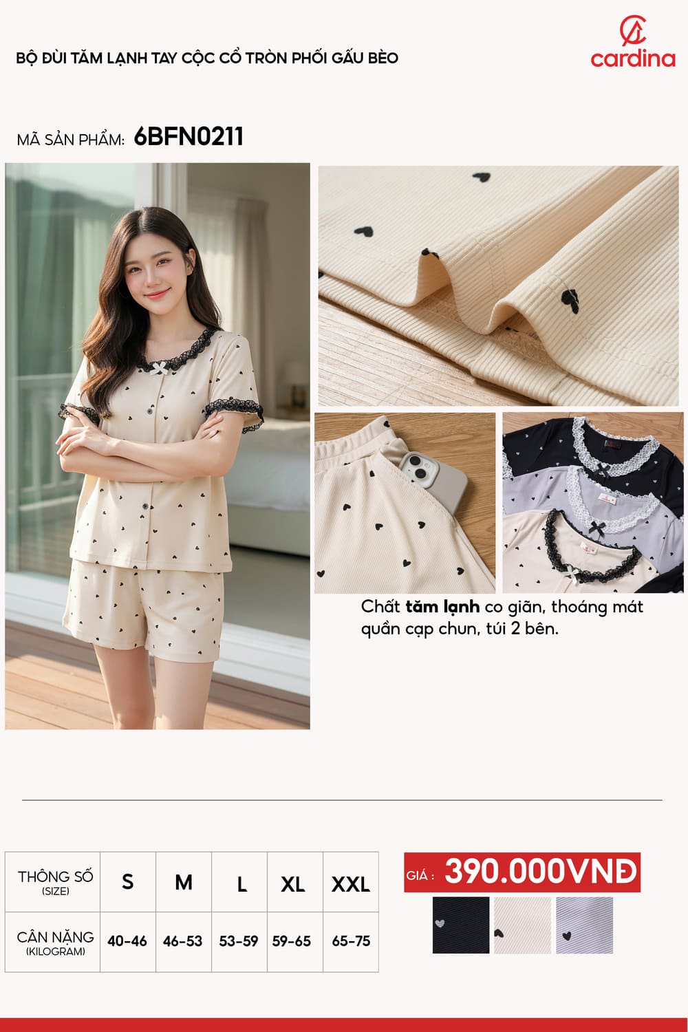 Bộ đồ đùi tăm lạnh tay cộc cổ tròn phối gấu bèo họa tiết tim