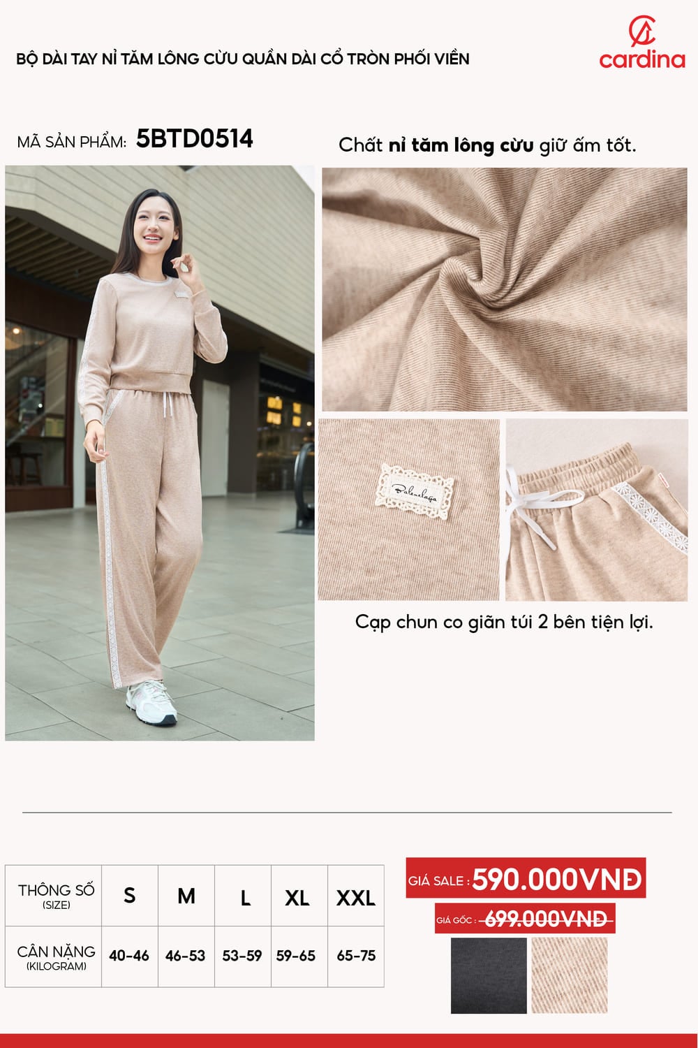 Bộ dài tay nỉ tăm lông cừu cổ tròn phối viền ren