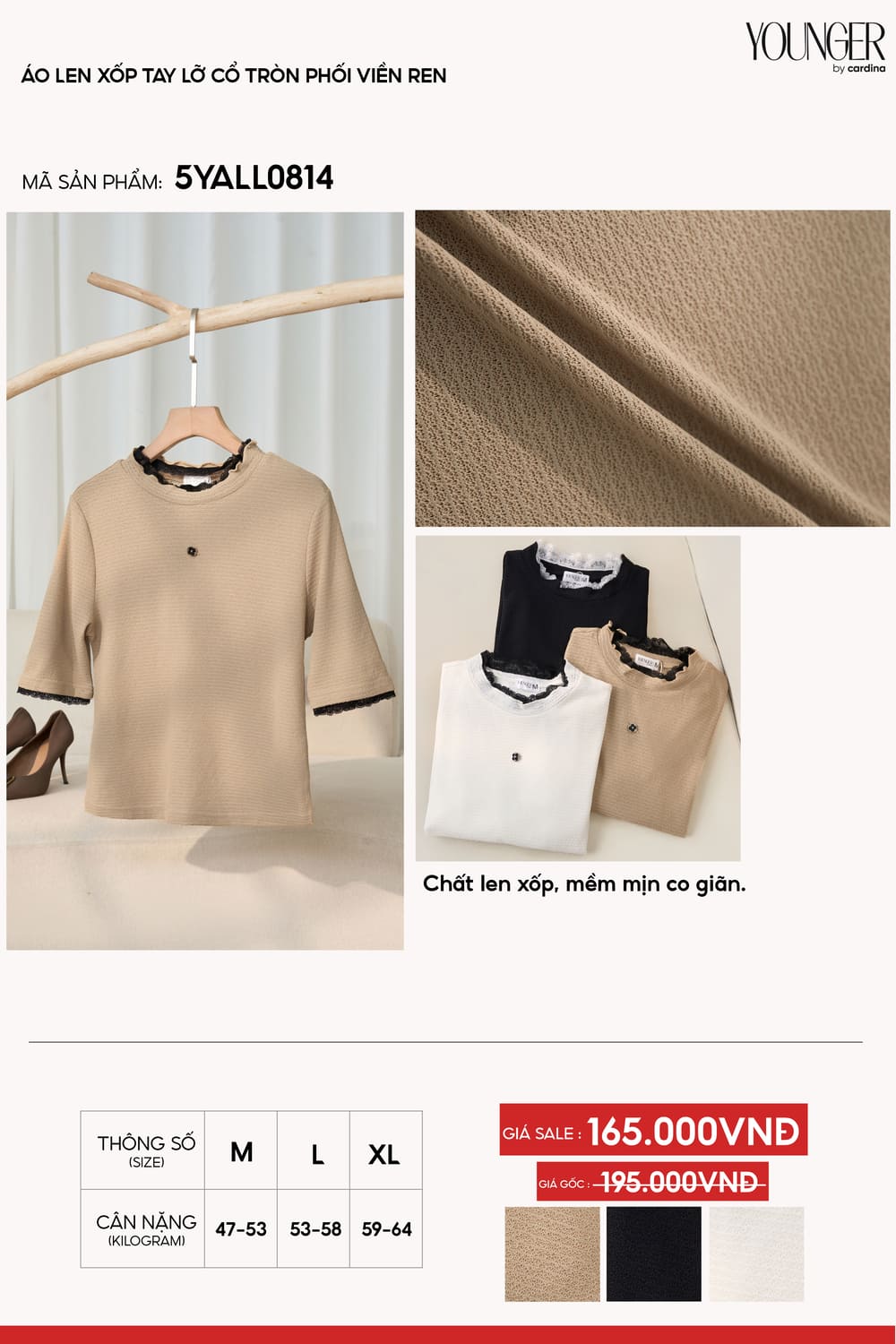 Áo nữ Younger dòng Thanh lịch vải len xốp dáng tay lỡ cổ tròn phối viền ren