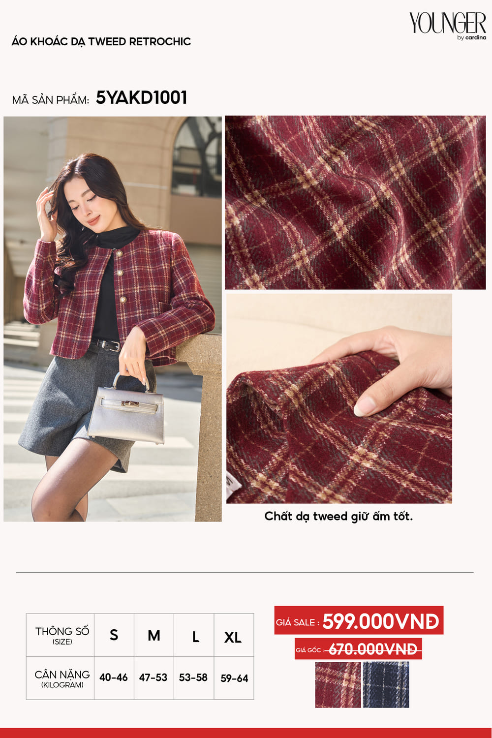 Áo khoác dạ tweed họa tiết kẻ dáng ngắn Retrochic