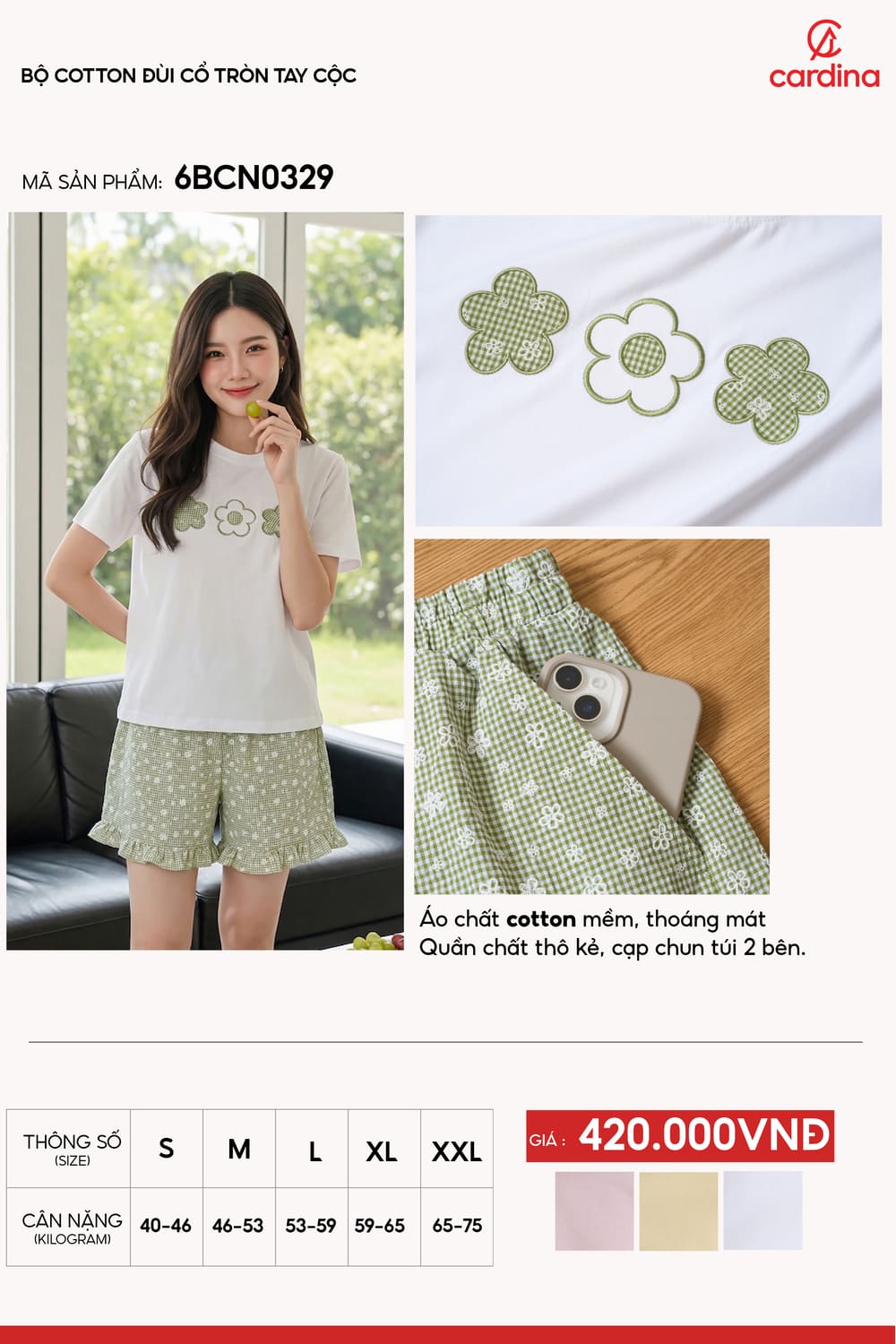 Bộ đồ nữ Cotton đùi cổ tròn tay cộc họa tiết hoa thêu