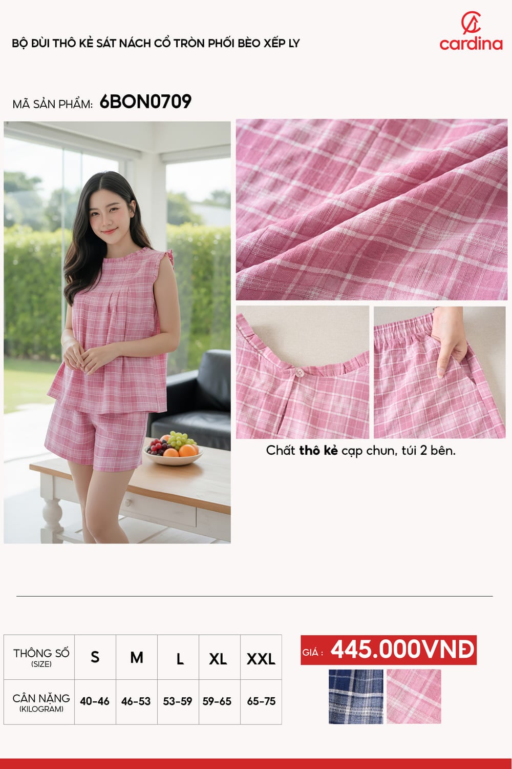 Bộ đồ nữ thô kẻ sát nách cổ tròn phối bèo xếp ly